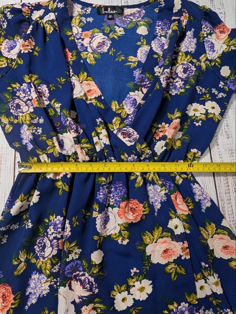 Lulus Navy Blue Floral Long Sleeve Faux Wrap Tulip Hem Mini Dress M - Picture 11 of 12